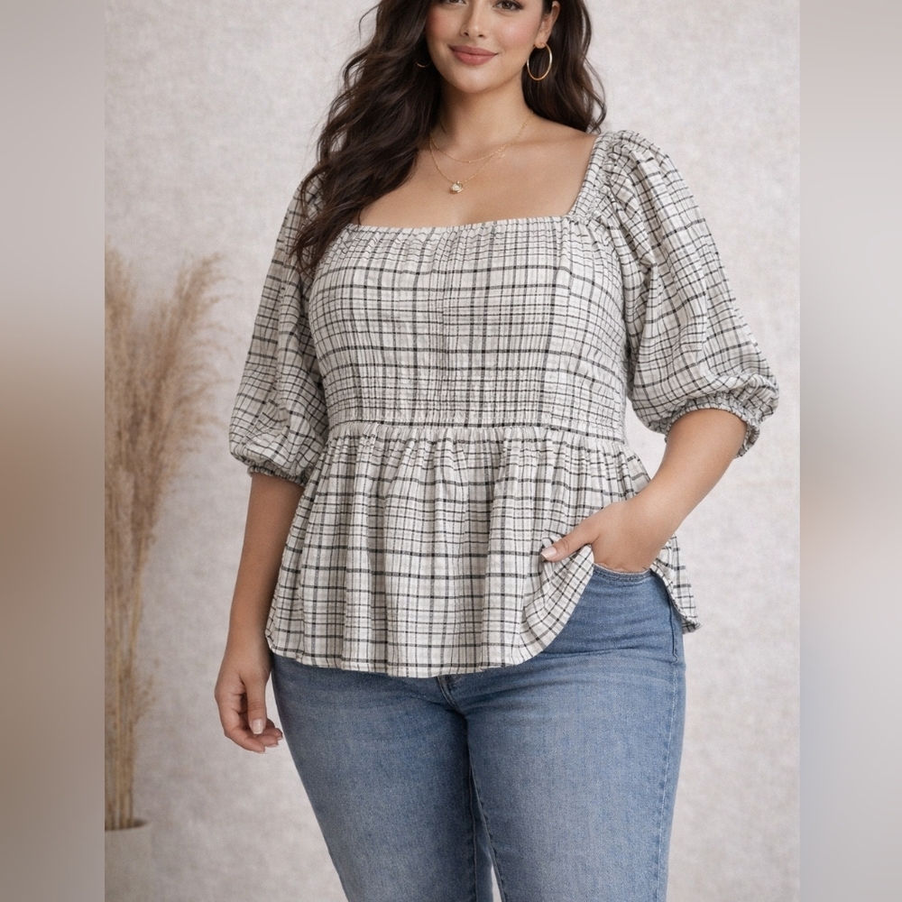 2X Free Assembly 100% Cotton Plaid Square Neck Puff Sleeve Fully Lined Top